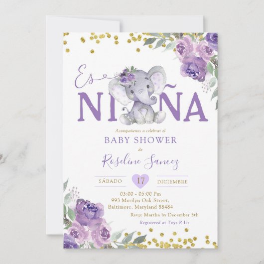 Spanisch Lila Elephant Es Niñ eine Babydusche Einladung (Vorderseite)