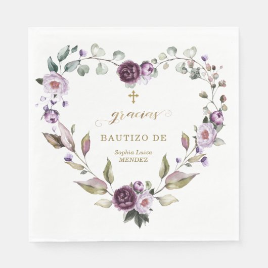 Spanisch Lila Pink Blume Gold Girl Bautizo Serviette (Vorderseite)