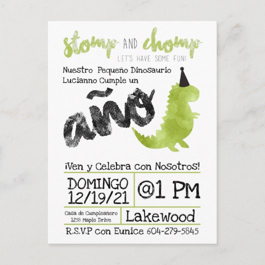 Spanisch Little Dino Dinosaur Thema Boy Stomp Postkarte (Vorderseite)
