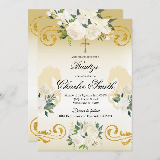 Spanisch mexikanisch Bautizo Gold Einladung (Vorne/Hinten)