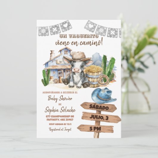 Spanisch Mexikanisch Wild West Cowboy Baby Shower Einladung (Stehend Vorderseite)