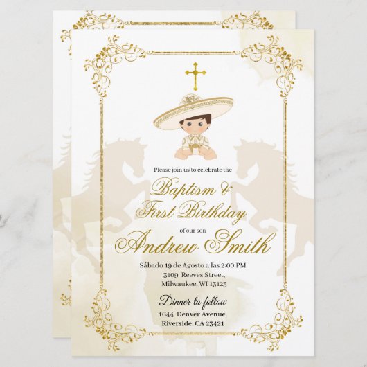 Spanisch mexikanische Gold Charro Taufe & Geburtst Einladung (Vorne/Hinten)