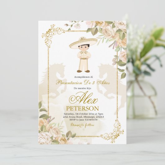 Spanisch Mexikanisches Gold Charro 3 Anos Einladun Einladung (Stehend Vorderseite)