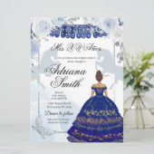 Spanisch mexikanisches Mis Quince Navy Blue Silver Einladung (Stehend Vorderseite)