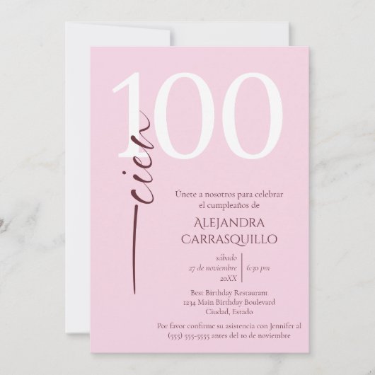 Spanisch Minimalistisch Feminine Pink 100. Geburts Einladung (Vorderseite)