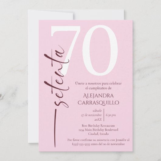 Spanisch Minimalistisch Pink Delicate 70. Geburtst Einladung (Vorderseite)