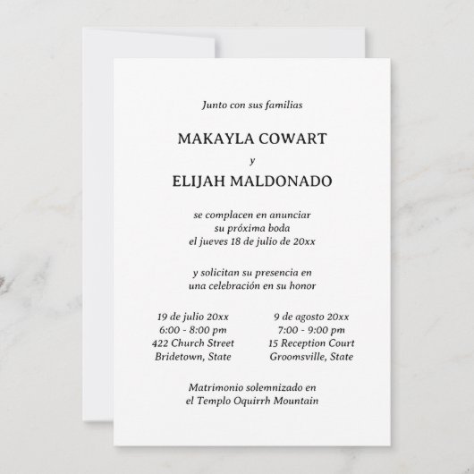 Spanisch Minimalistisch Schwarz/Weiß Zwei Empfänge Einladung (Vorderseite)