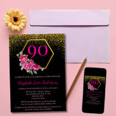 Spanisch Modern Black Gold & Pink 90. Geburtstag Einladung