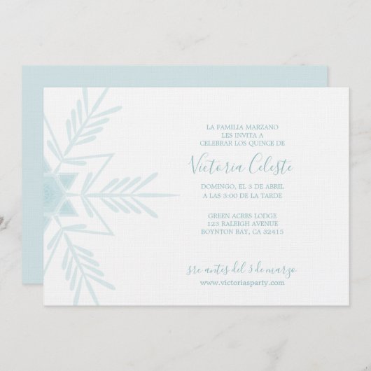 SPANISCH, modern blauer WINTER WONDERLAND quinceañ Einladung (Vorne/Hinten)