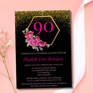 Spanisch Modern Schwarz Gold & Rosa 90. Geburtstag Einladung