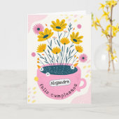 Spanisch Niedlich Pink Coffee Tasse Planter Geburt Karte (Gelbe Blume)