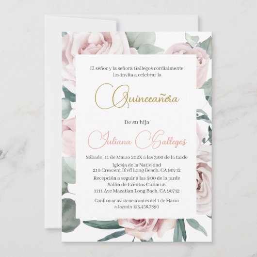 Spanisch Pink Floral Frame Quinceañera Einladung (Vorderseite)