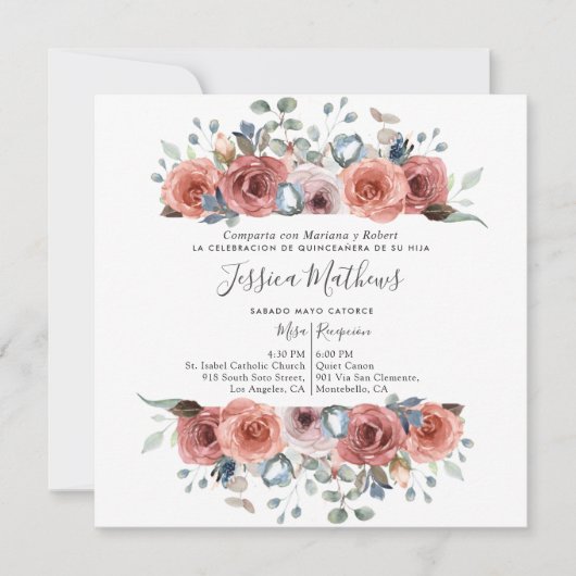 Spanisch Quinceanera, Dusty Blue und Pink Floral Einladung (Vorderseite)