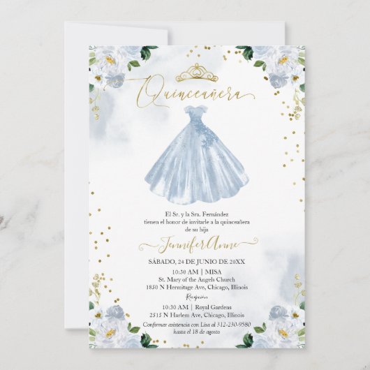 Spanisch Quinceanera Einladung Blaues Blumenkleid (Vorderseite)