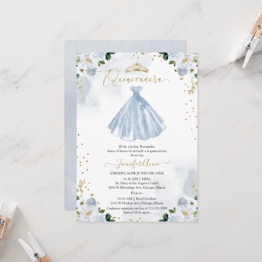 Spanisch Quinceanera Einladung Blaues Blumenkleid (Vorderseite/Rückseite Beispiel)