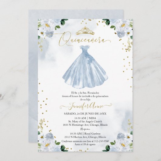 Spanisch Quinceanera Einladung Blaues Blumenkleid (Vorne/Hinten)