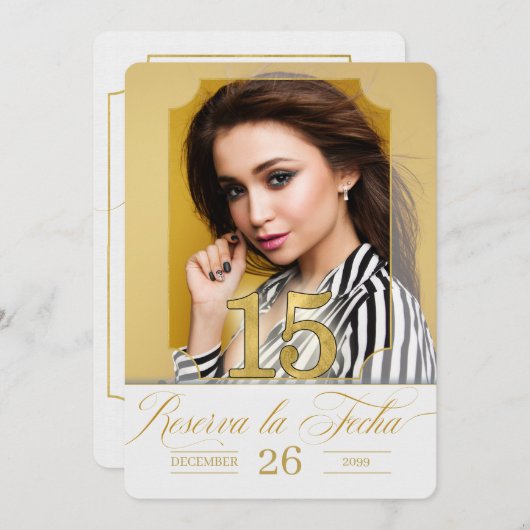 Spanisch Quinceanera Save the Date in Golden Hues (Vorne/Hinten)