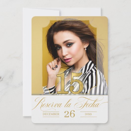 Spanisch Quinceanera Save the Date in Golden Hues (Vorderseite)