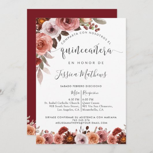 Spanisch Quinceñera, Burgund Blush Floral Marsala Einladung (Vorne/Hinten)