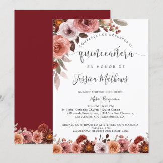 Spanisch Quinceñera, Burgund Blush Floral Marsala Einladung