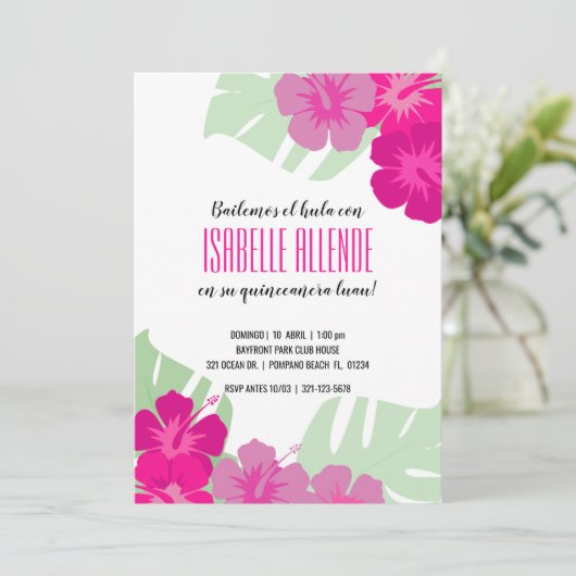 SPANISCH QUinceñera TROPICAL LUAU Pink floral Einladung (Stehend Vorderseite)
