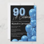 Spanisch Refined Blue Balloons Black 90. Geburtsta Einladung (Vorderseite)