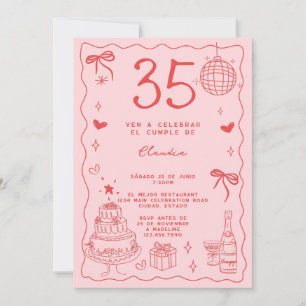 Spanisch Retro Verschroben Rot Pink 35. Geburtstag Einladung