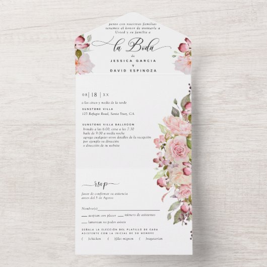 Spanisch, Rosa Blush Burgund Hochzeitsriss von UAW All In One Einladung (Innen Boden)