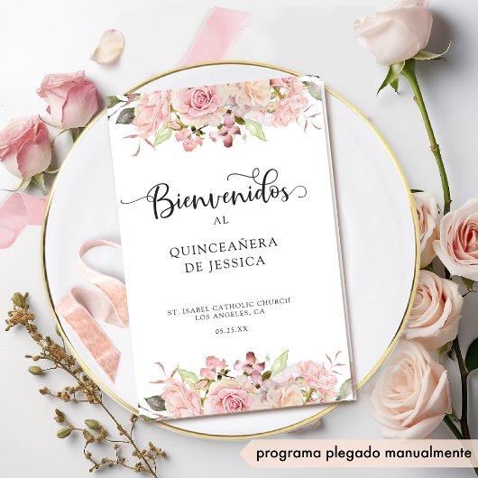 Spanisch, Rosa Blush Rose Gold Quinceanera Program