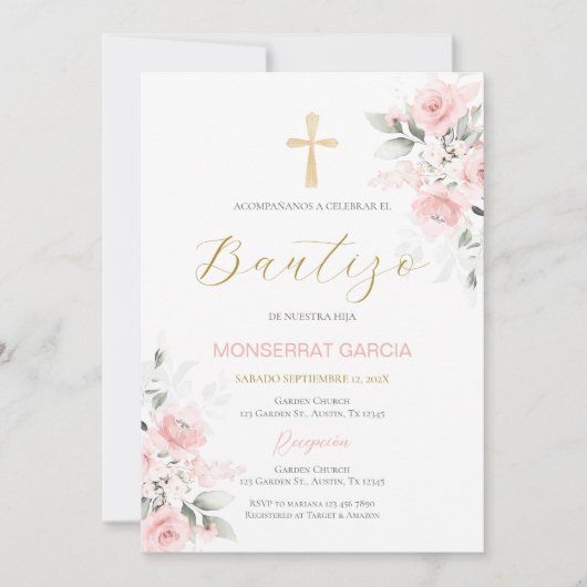 Spanisch Rosa Floral Taufe Girl Einladung (Vorderseite)