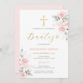Spanisch Rosa Floral Taufe Girl Einladung (Vorne/Hinten)