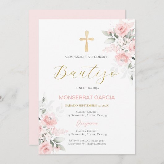 Spanisch Rosa Floral Taufe Girl Einladung (Vorne/Hinten)