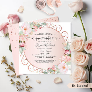 Spanisch, Rosa, Rose Gold, Blütenblättrige Quincea Einladung