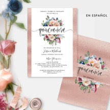 Spanisch, Rose Gold Pastel, Floral Quinceañera Inv