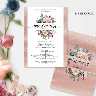 Spanisch, Rose Gold Pastel, Floral Quinceañera Inv Einladung