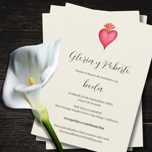 Spanisch, Rotes Herz und Blume Mexikanische Hochze Einladung