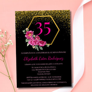 Spanisch Schön Schwarz Gold Rosa 35. Geburtstag Einladung