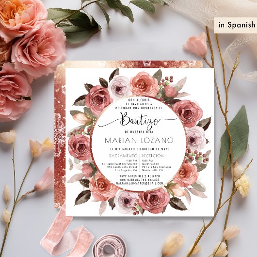 Spanisch, Taufe, Rose Gold Floral Einladung