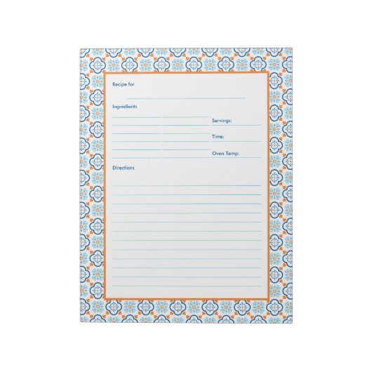 Spanisch Tiles Blue and Orange Mediterranean Recip Notizblock (Rotiert)