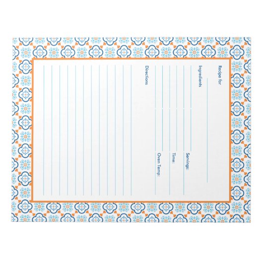 Spanisch Tiles Blue and Orange Mediterranean Recip Notizblock (Vorderseite)