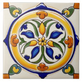 Spanisch Traditionelles Gelbgrün Blau und Weiß Fliese (Vorderseite)