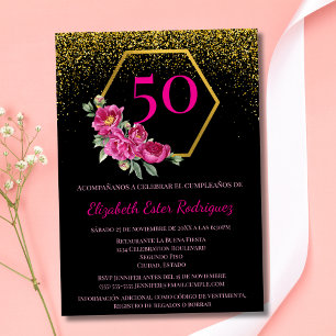Spanisch Trendig Chic Schwarz Gold Rosa 50. Geburt Einladung