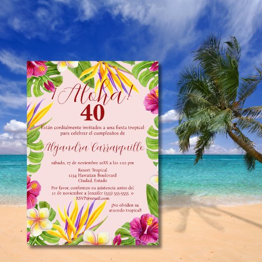 Spanisch Tropisches Rosa Aloha Luau 40. Geburtstag Einladung