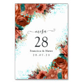 Spanisch Türkis - Aquamarin und Korallenblume Tischnummer (Vorderseite)