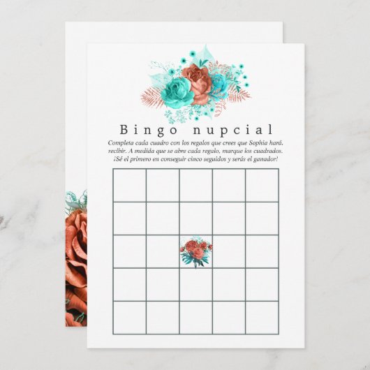 Spanisch Türkis und Korallenblume Bridal Bingo (Vorne/Hinten)