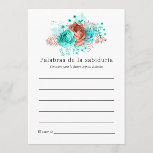 Spanisch Türkis und Korallenblume Hinweiskarte (Vorderseite)