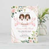 Spanisch Twin Pink Gold Floral Bautizo Einladung (Stehend Vorderseite)