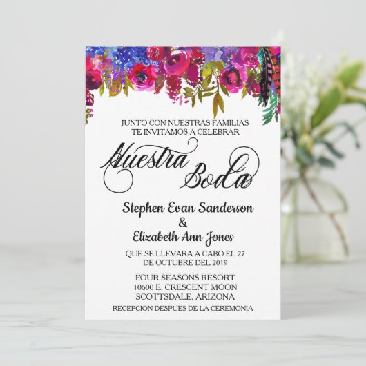 Spanisch Wedding Bold Boho Blume Nuestra Boda Einladung (Stehend Vorderseite)