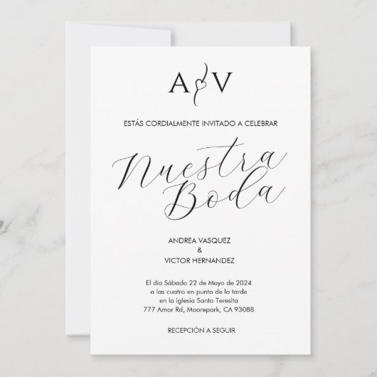 Spanisch Wedding Nuestra Boda Monogram Minimalisti Einladung (Vorderseite)