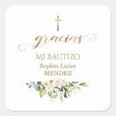 Spanisch Weiße Blume Gracias Calligraphy Bautizo Quadratischer Aufkleber (Vorderseite)